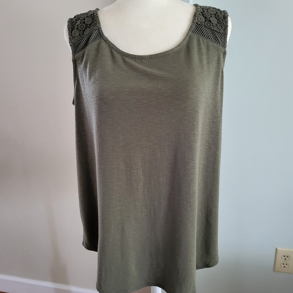 Style & Co Sleeveless Crochet Ribbon Back Olive Green Tunic‎ Tank Top New Medium